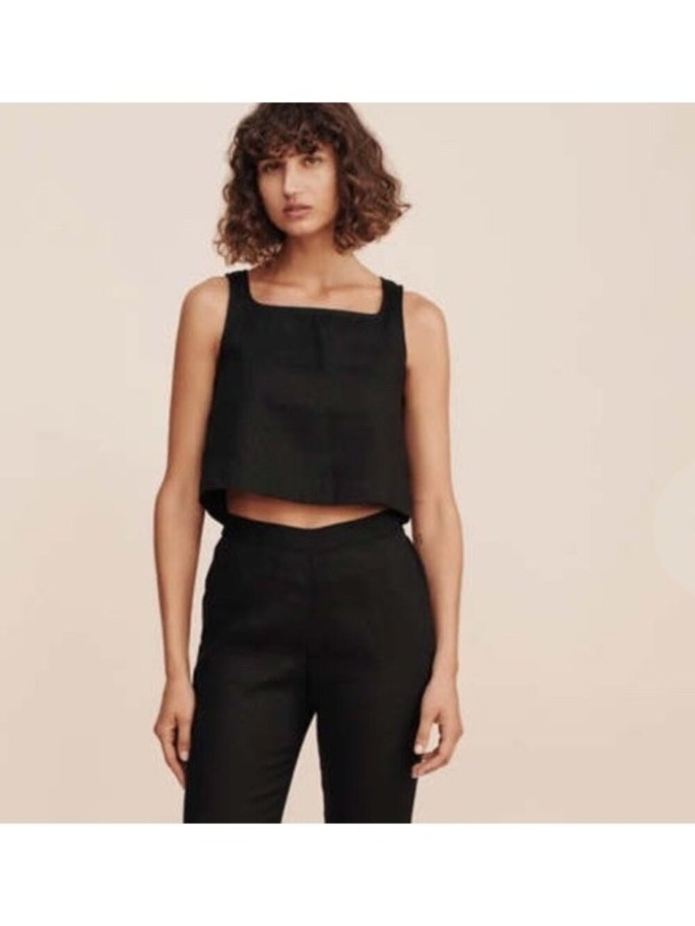 Posse Val Sleeveless Black Square Neck Top, 100% Linen, Womens Sz M Quiet Luxury